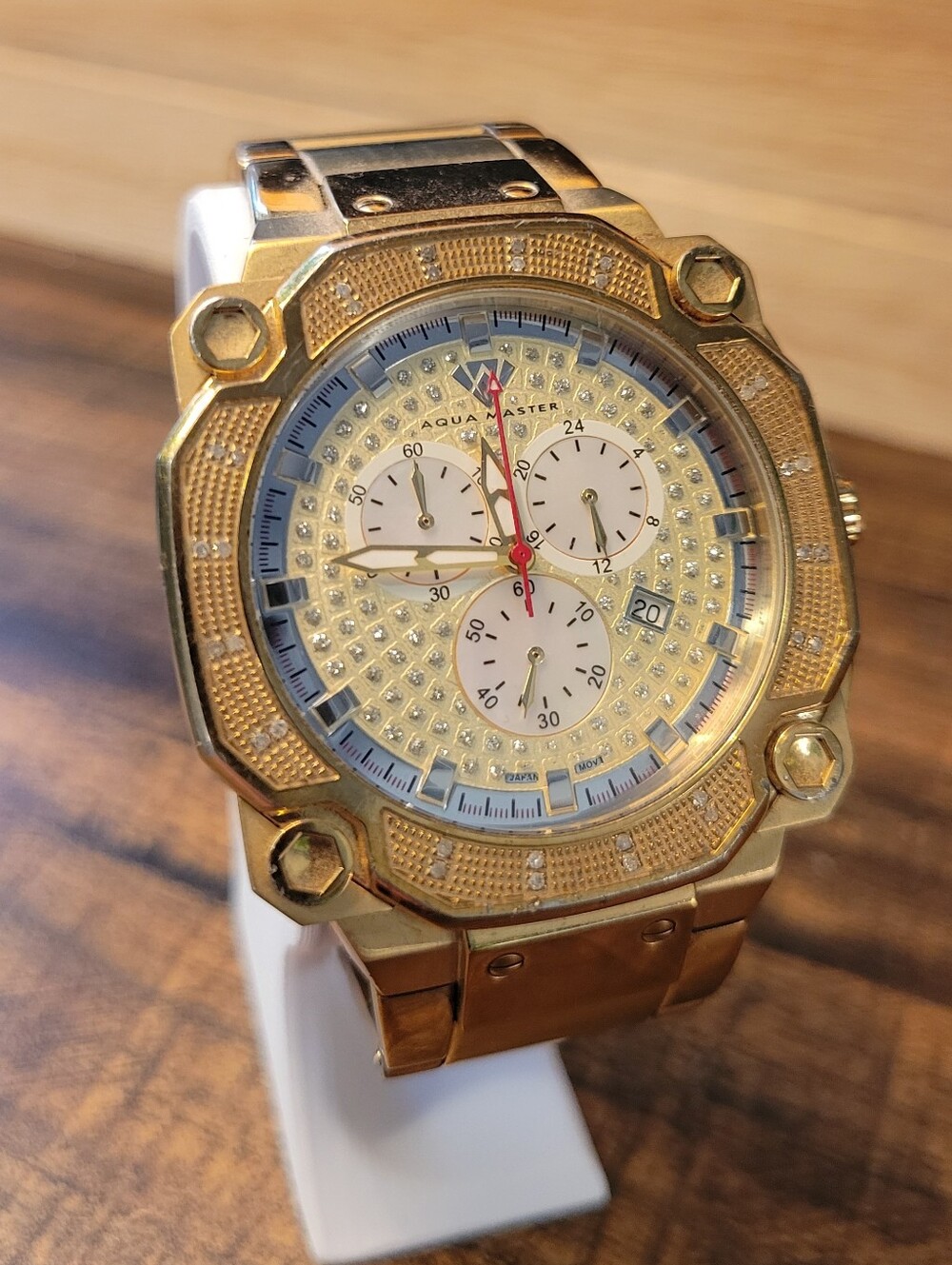 Men's Aqua Master Gold Tone Chronograph Watch with Textured White Dial